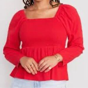 Red Smocked Crepe Babydoll Milkmaid Long Sleeve Peasant Top